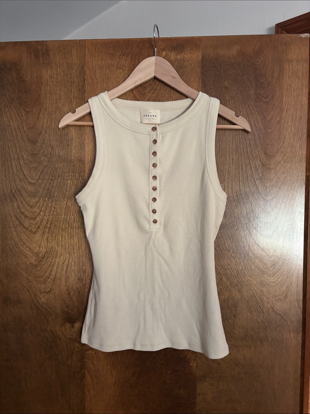 Sezane Cream Ribbed Henley Tank